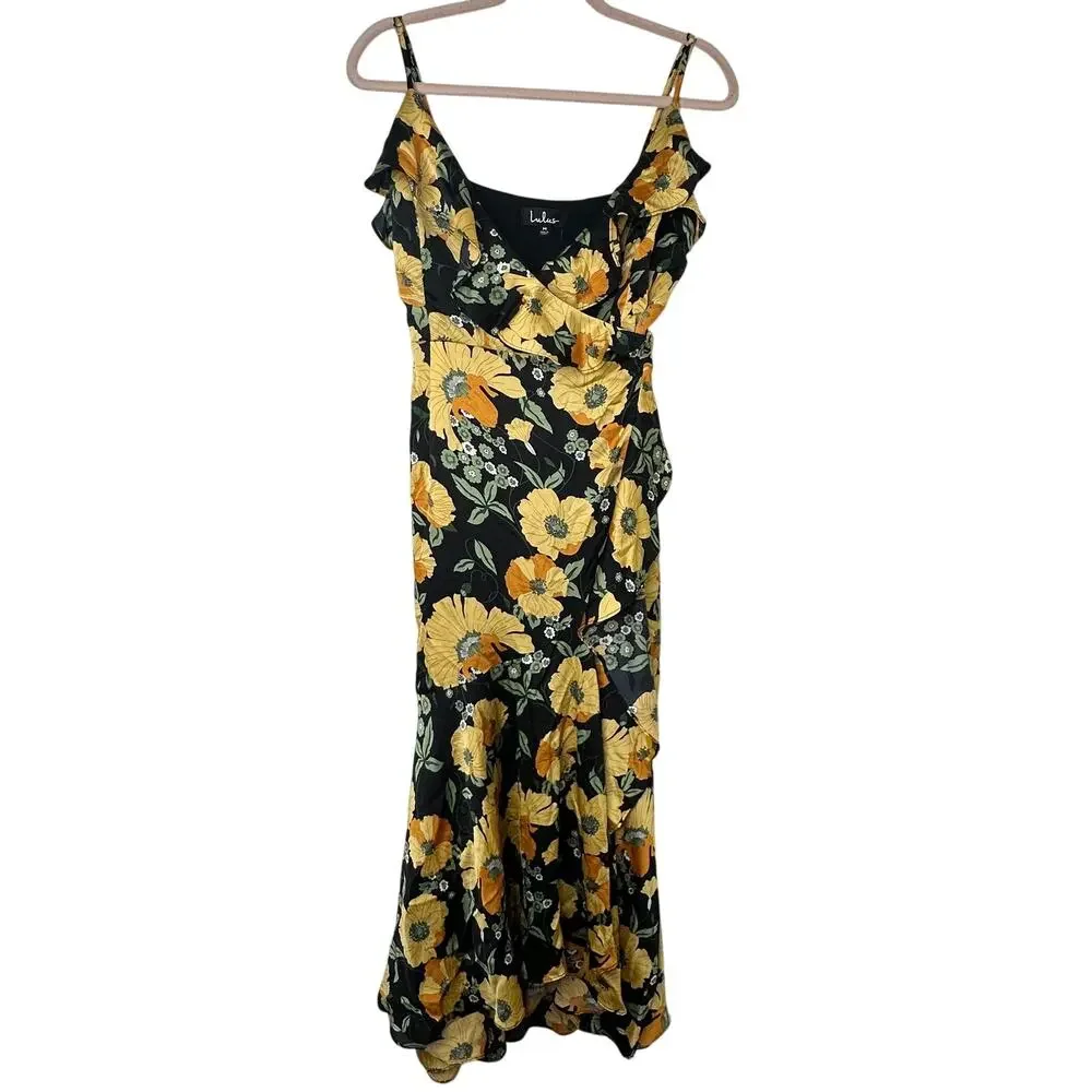 Md NWT Lulus Perfectly Curated Black Floral Wrap Dress Ruffle High-Low Maxi Fall - Picture 2 of 7
